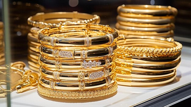 gold bracelet shop on display in a glass display case