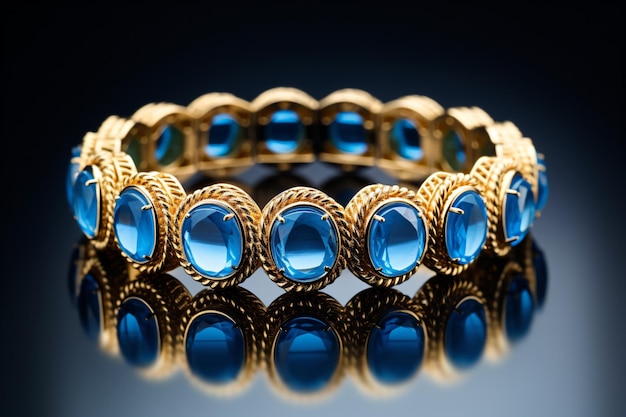 a gold bracelet with blue stones on a reflective surface