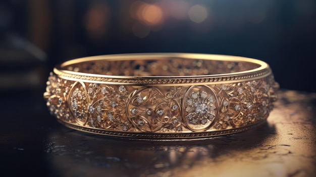 A gold bracelet with diamonds on it is on a dark surface.
