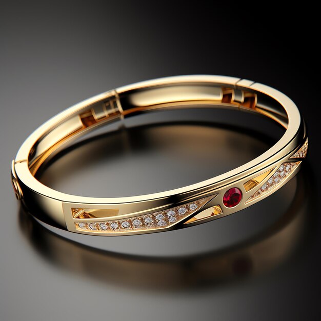 a gold bracelet with a red stone