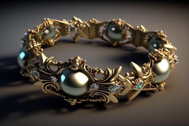 A gold bracelet with a set of fancy pearls and diamonds.