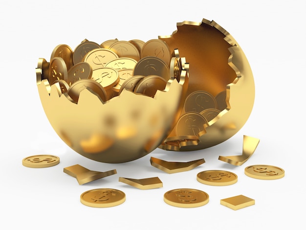 Photo gold broken egg shell full of coins