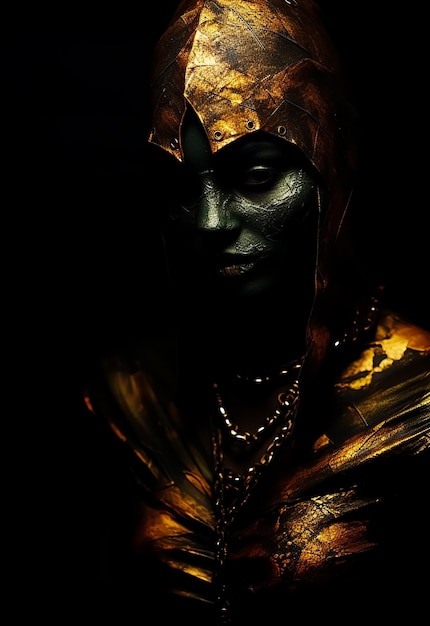 Gold and bronze body painted mysterious Female warrior in Golden mask fashion model hot body