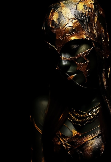 金と青銅のボディは、黄金のマスクのファッションモデルのホットボディの神秘的な女性戦士を塗装しました