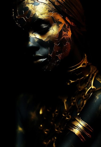 Gold and bronze body painted mysterious Female warrior in Golden mask fashion model hot body