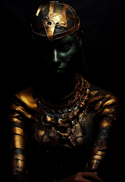 Gold and bronze body painted mysterious Female warrior in Golden mask fashion model hot body