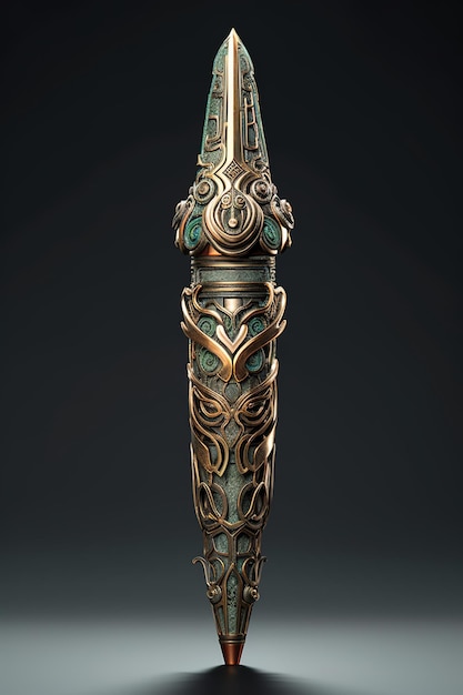 a gold and bronze sword with a green and gold design.