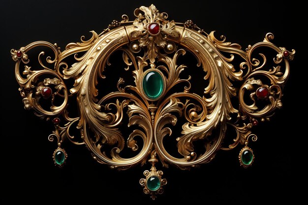 a gold brooch with a green stone and a green stone