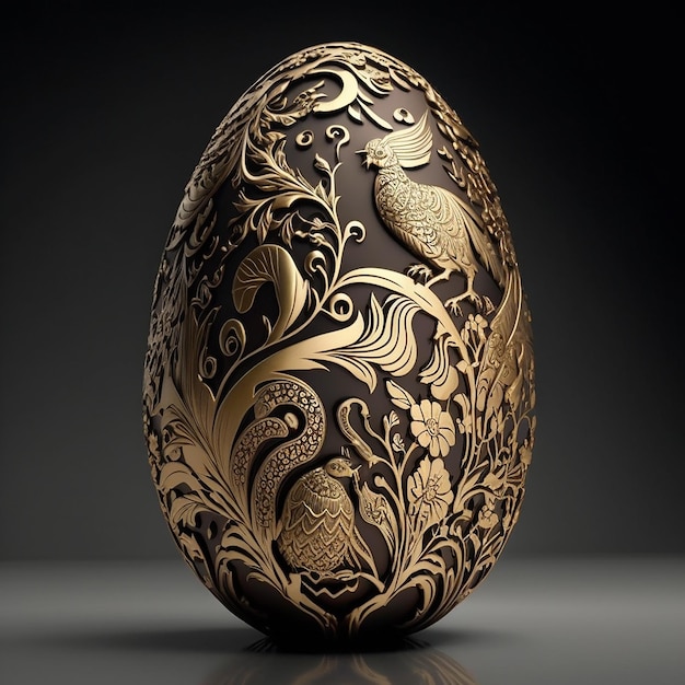 A gold and brown egg with a bird on it