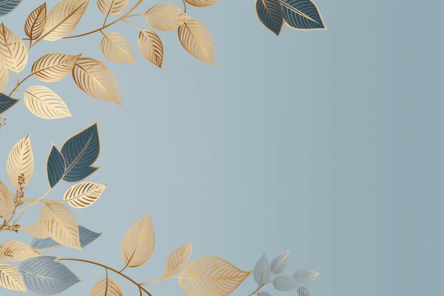 gold brown leaves light blue background with copy space