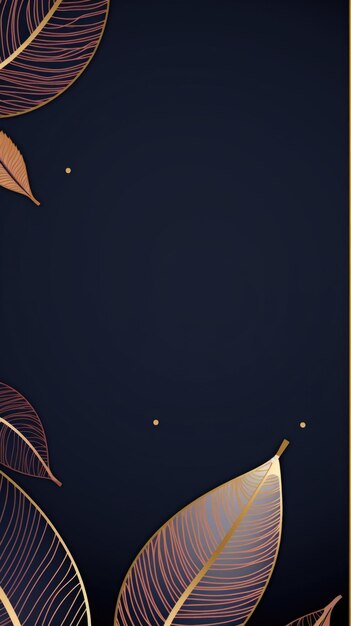 Gold brown leaves navy blue background with copy space