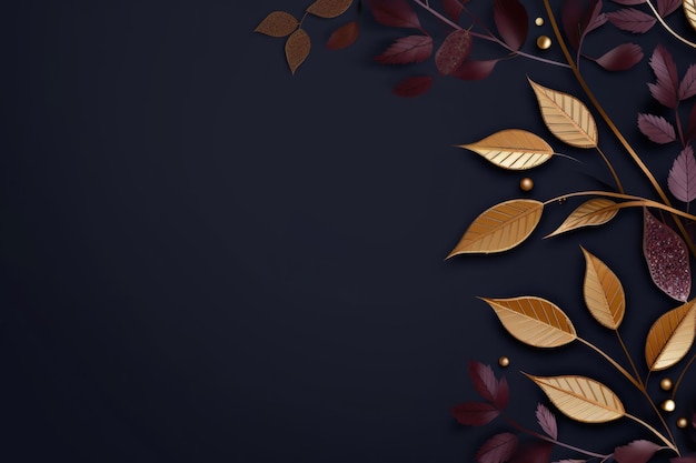 Premium Photo | Gold brown leaves navy blue background with copy space