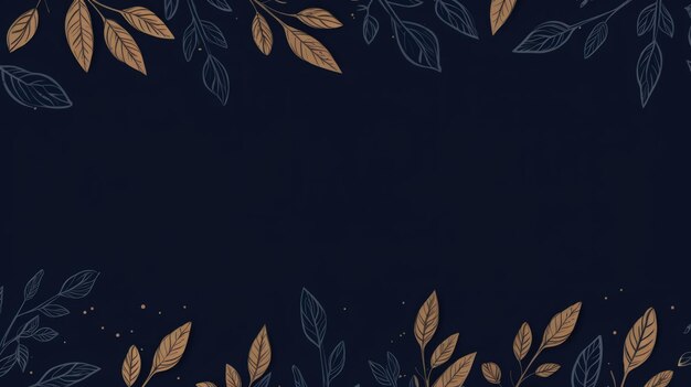 gold brown leaves navy blue background with copy space