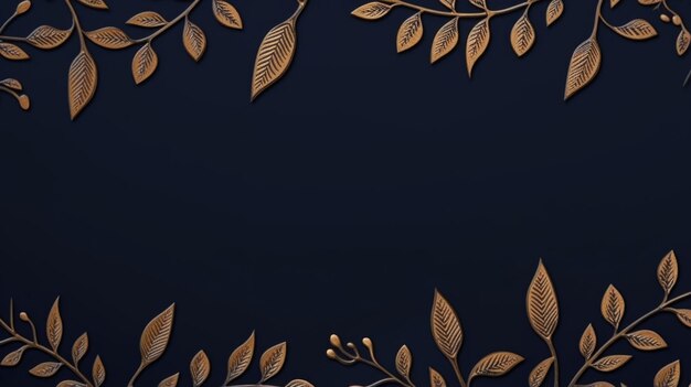 gold brown leaves navy blue background with copy space