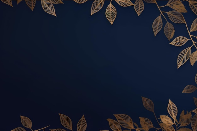 gold brown leaves navy blue background with copy space