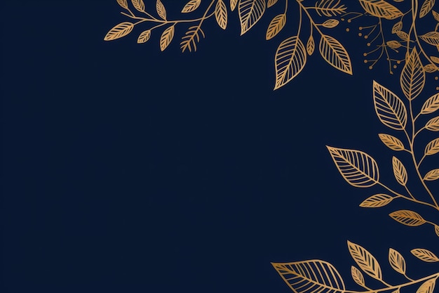 gold brown leaves navy blue background with copy space