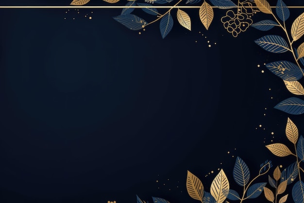 gold brown leaves navy blue background with copy space