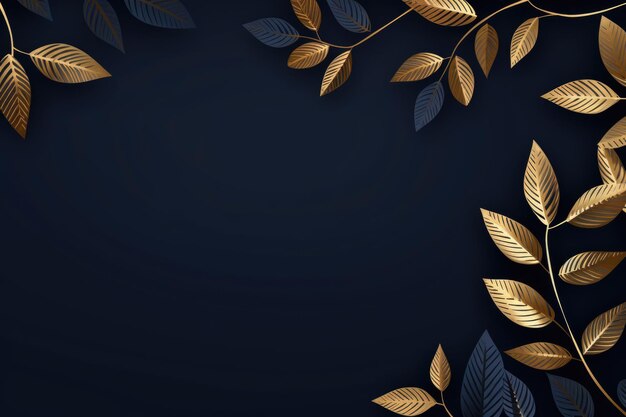 gold brown leaves navy blue background with copy space