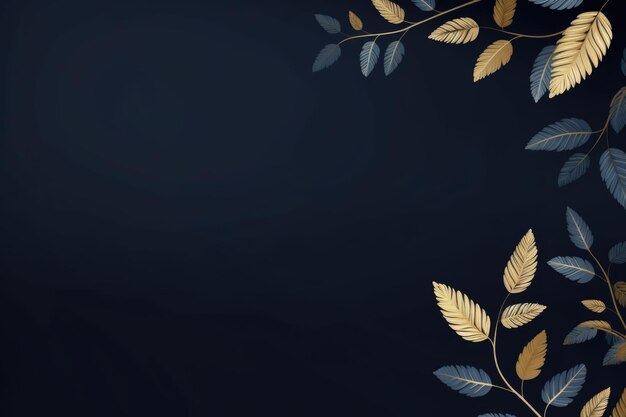 gold brown leaves navy blue background with copy space