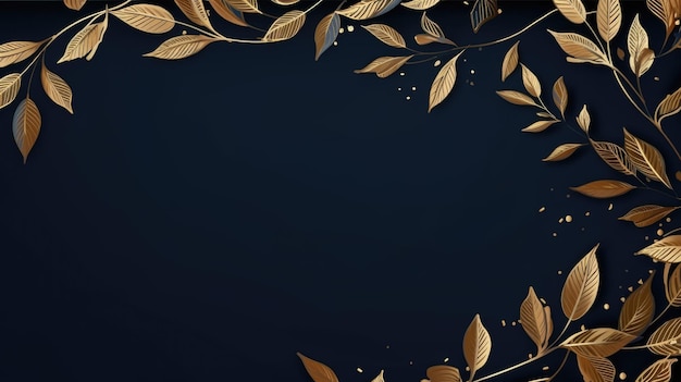 gold brown leaves navy blue background with copy space