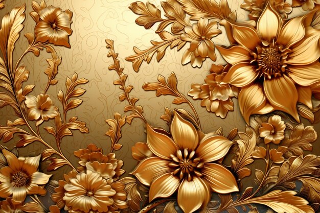 花束が描かれたゴールドとブラウンの壁紙。