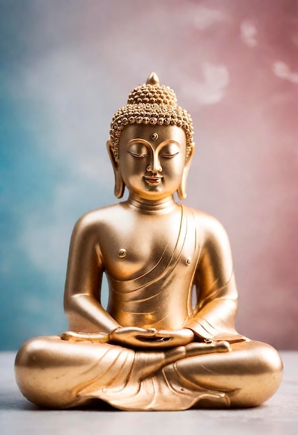 a gold buddha statue with a blue and red background