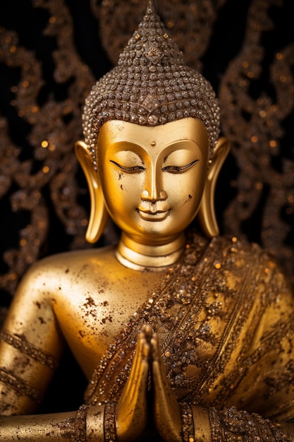 a gold buddha statue with gold glitter on its face.