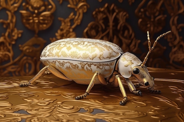 A gold bug with a gold pattern on it