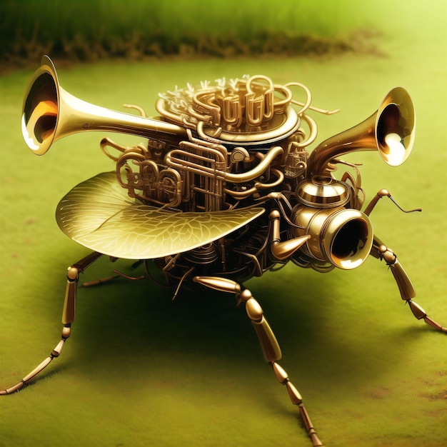 A gold bug with trumpet is shown