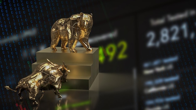 The gold bull and bear on stairs for business concept 3d rendering