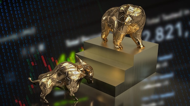 비즈니스 개념 3d 렌더링을 위한 계단 위의 황금 황소와 곰