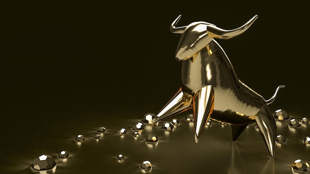 The gold bull on black background for business concept 3d rendering