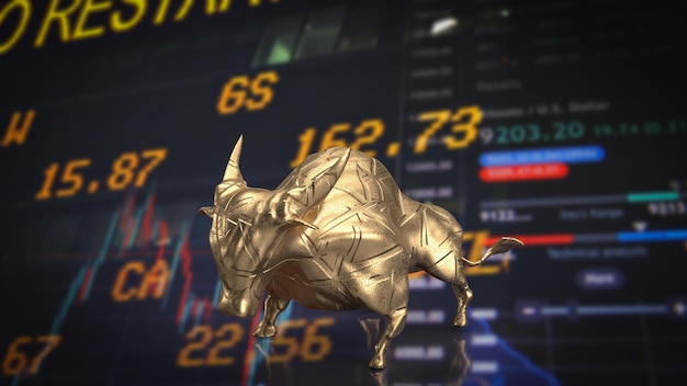 The gold bull on chart background for business concept 3d rendering