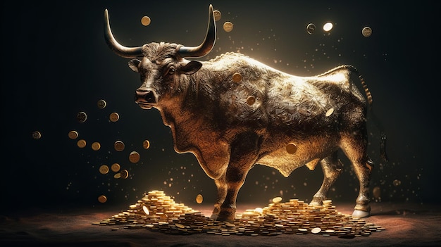 Gold Bull Coin Mountain Blurred Background Generative AI