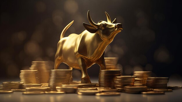 Gold Bull Coin Mountain Blurred Background Generative AI