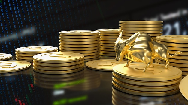 The gold bull and coins for business concept 3d rendering