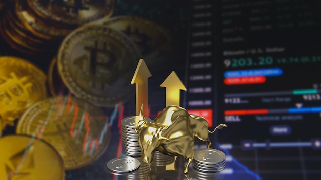 The gold bull and coins for business concept 3d rendering