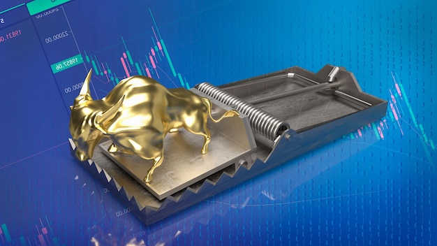 Gold bull and trap for business concept 3d rendering