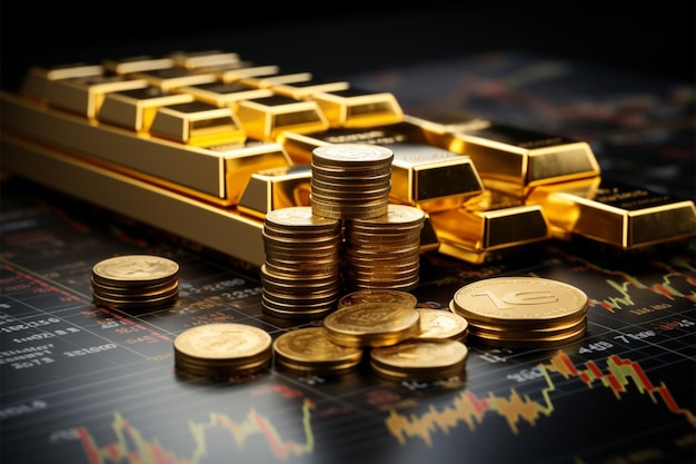 Gold bullion against stock market charts a business wealth concept