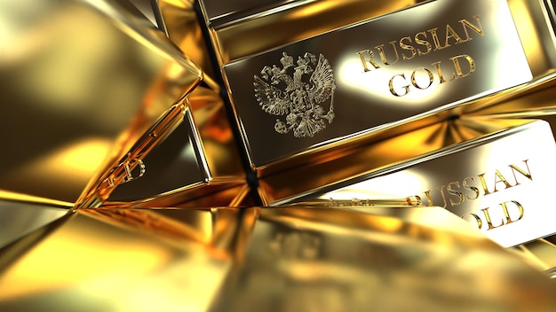 Gold in bullion in a large volume of the inscription Russian gold gold fund 3d render