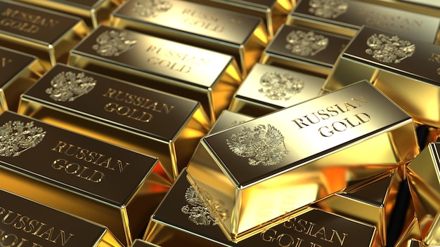 Gold in bullion in a large volume of the inscription Russian gold gold fund 3d render