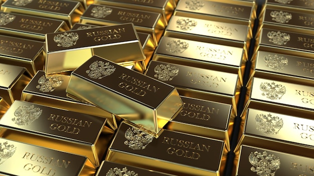 Gold in bullion in a large volume of the inscription Russian gold gold fund 3d render