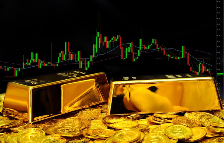 トレーディングチャートの背景にあるパイルゴールドコインの金地金