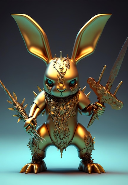 A gold bunny with a sword and a sword in his hand.