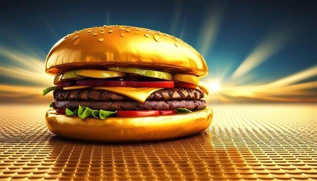 Gold burger with cheese on a gold background Generative AI