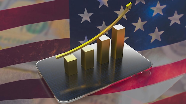 The gold business chart and tablet on America flag background 3d rendering