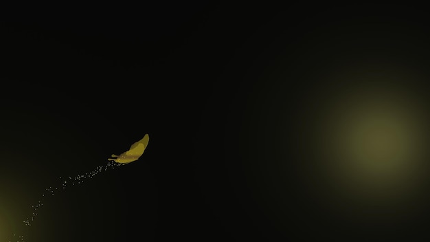 Золотая бабочка летит, а след пыльцы желтого цветка на черном фоне 3D рендеринг