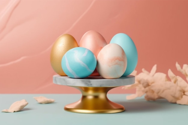 A gold cake stand with easter eggs on it