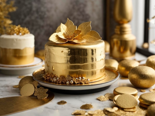 a gold cake with a flower on top of it on a table