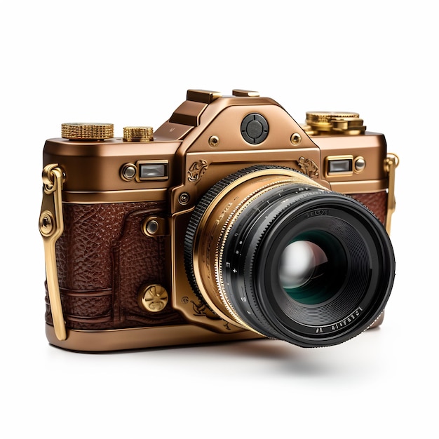 a gold camera with a brown leather cover and a brown leather strap